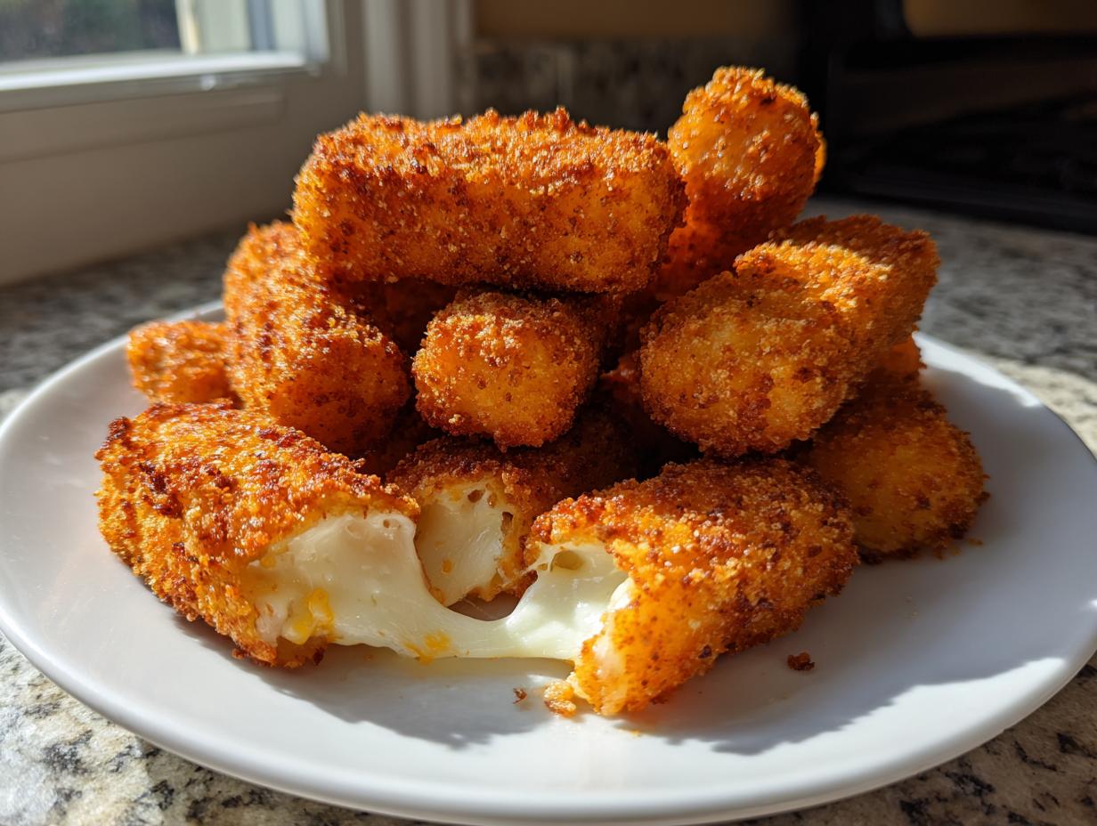 A pile of golden brown crispy buffalo chicken mozzarella sticks on a white plate, one is broken open showing melted cheese pull.