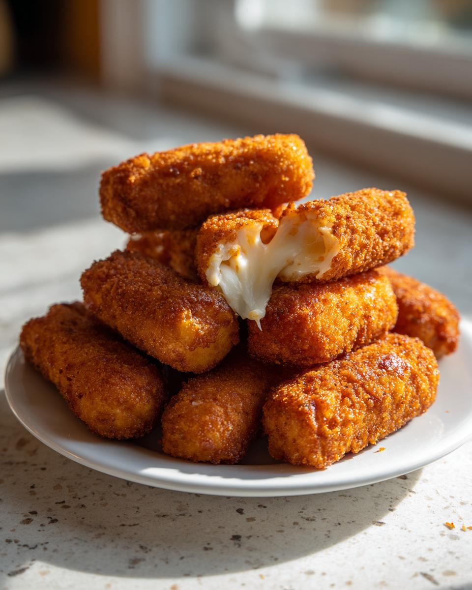 A stack of golden brown crispy buffalo chicken mozzarella sticks on a white plate, one is broken open showing melted cheese pull.