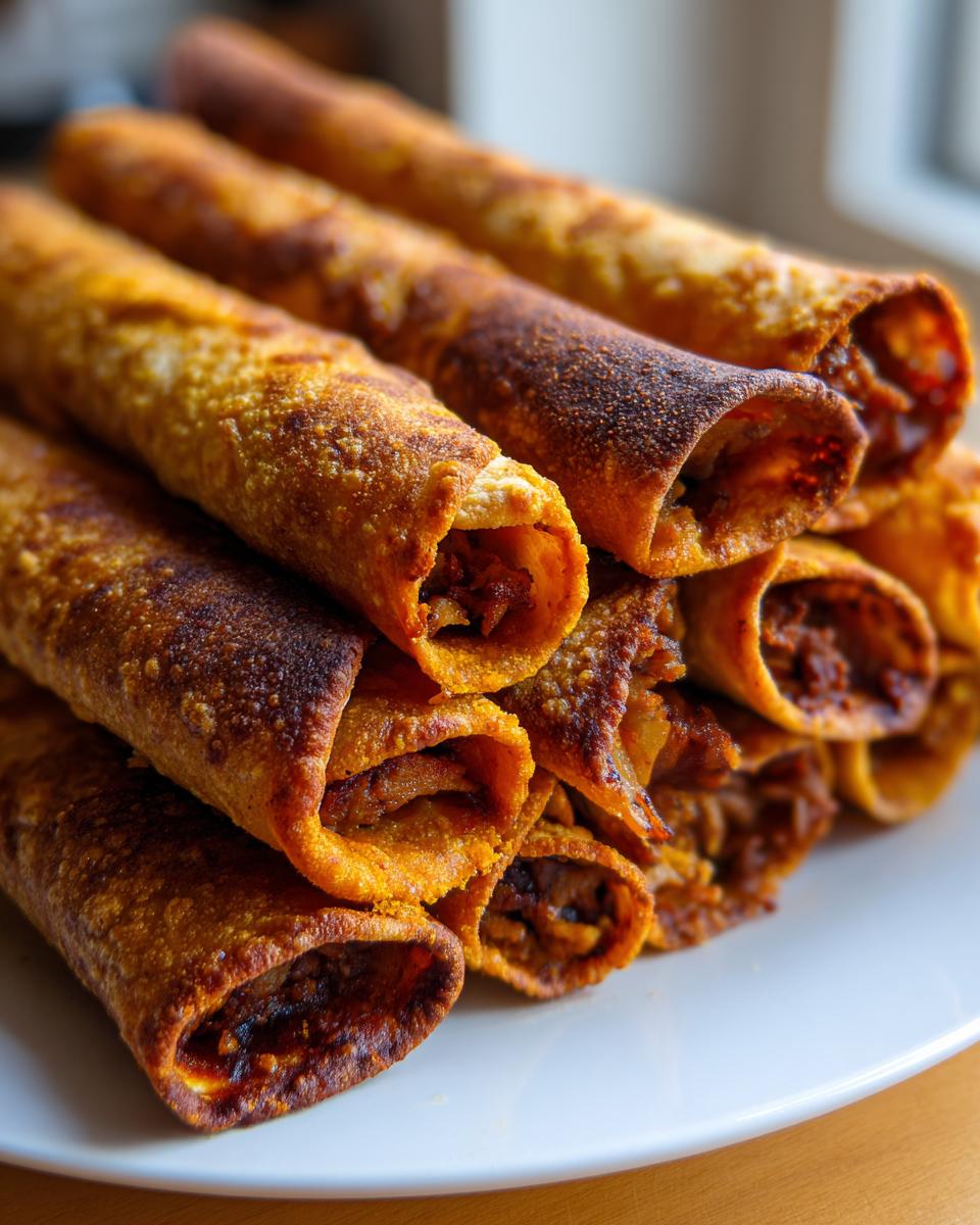 A close-up stack of crispy, golden-brown cheesy beef flautas ready to eat.