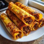 A stack of crispy, golden-brown cheesy beef flautas filled with seasoned ground beef, served on a white plate.
