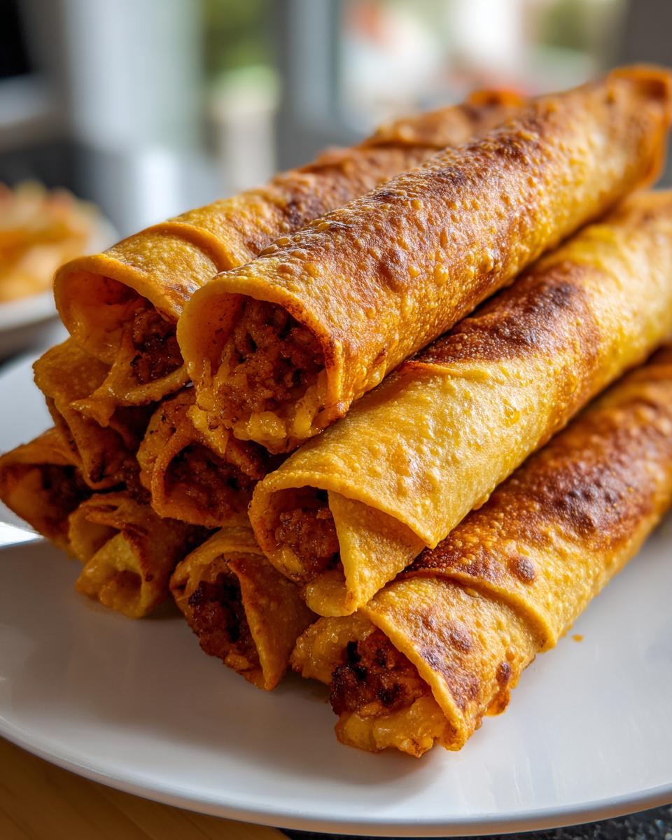 A vertical stack of golden, crispy cheesy beef flautas served on a white plate.
