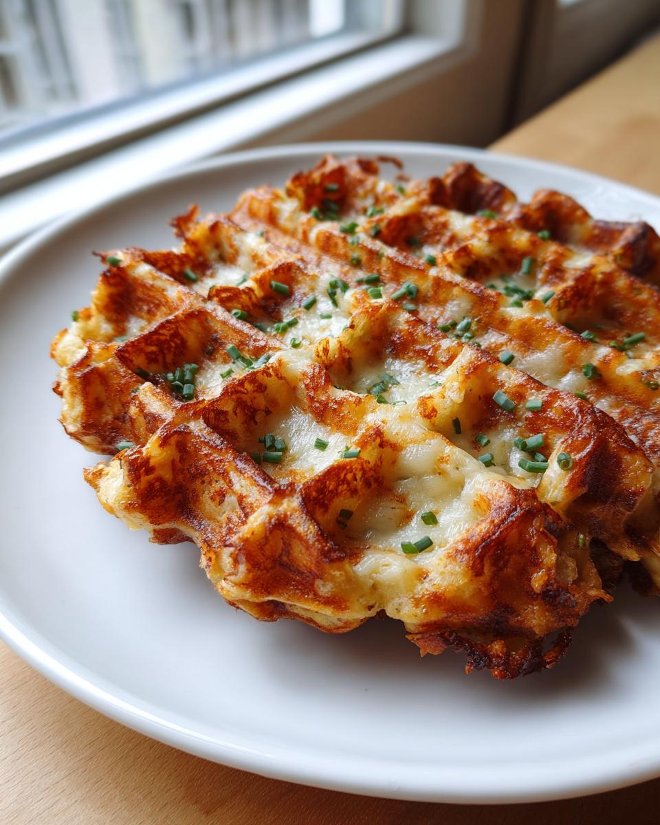 A close-up of a golden-brown, crispy high-protein savory oat waffle topped with melted cheese and chopped chives.