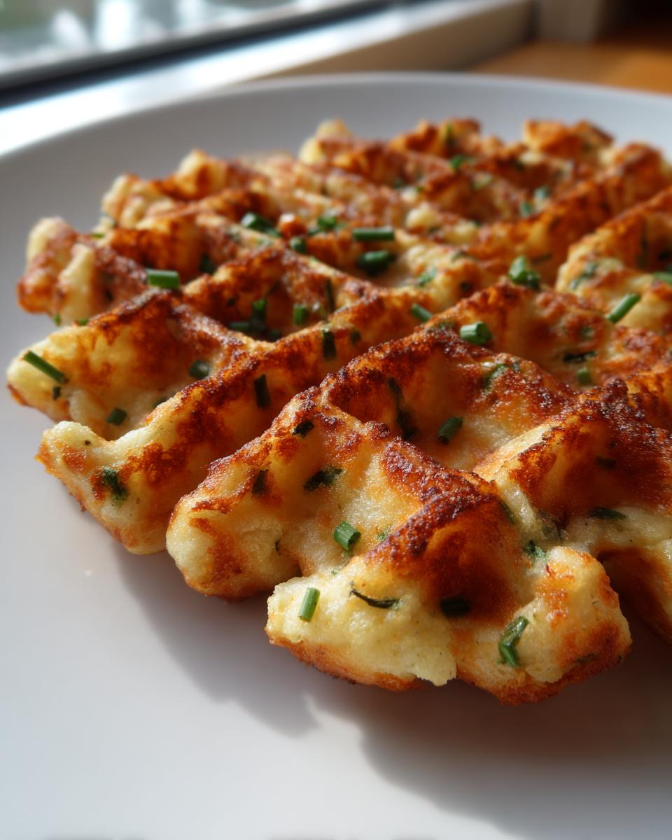 Close-up of crispy, golden-brown high-protein savory oat waffles topped with fresh green chives on a white plate.