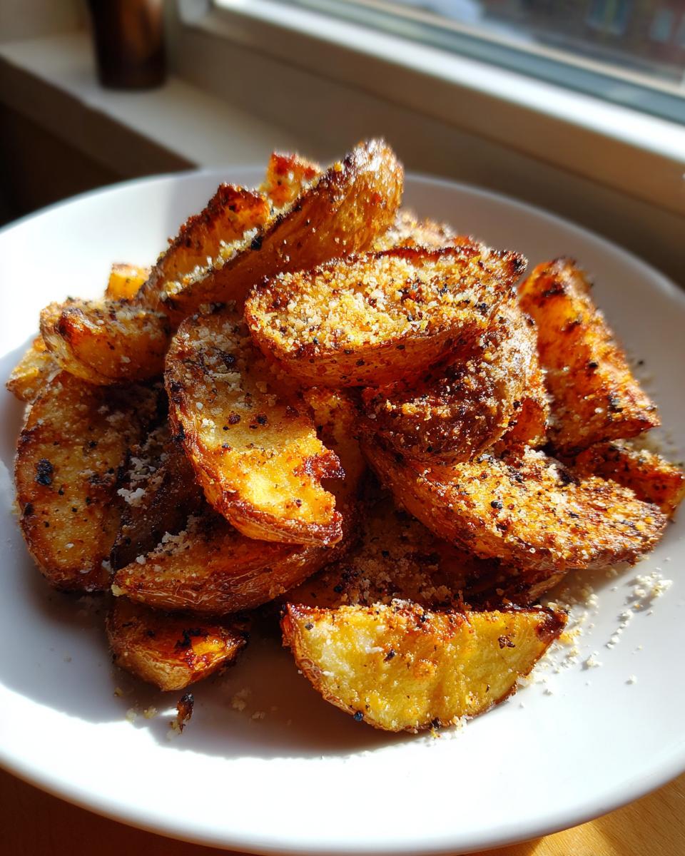 A pile of golden brown, crispy potato wedges seasoned with Parmesan cheese and pepper, served on a white plate.