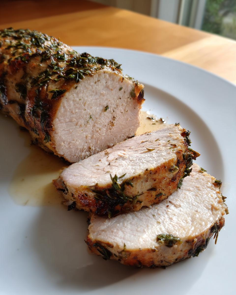 Close-up of sliced crockpot pork tenderloin, showing moist white meat and a savory herb crust.