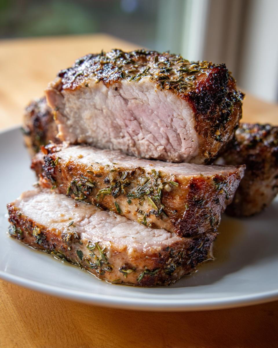 Close-up of thick slices of juicy crockpot pork tenderloin, seasoned with herbs, stacked on a white plate.