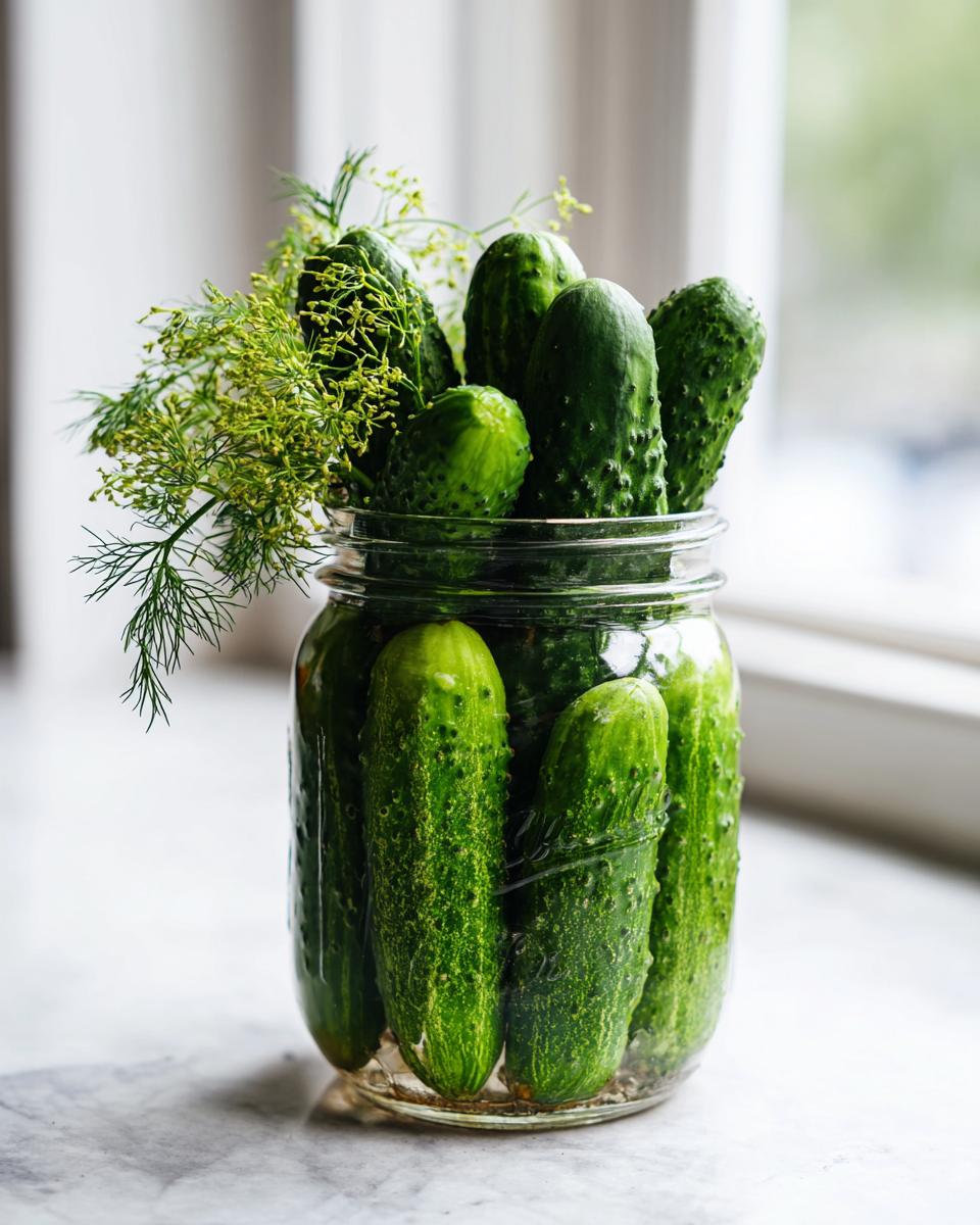 Fresh, bumpy cucumbers packed tightly in a glass jar with fresh dill sprigs for making fermented pickles.