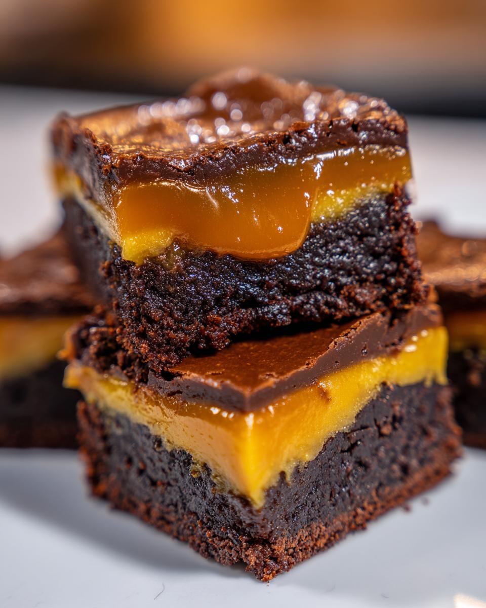 Close-up of stacked millionaire brownies showing the dark chocolate base, thick caramel layer, and chocolate topping.