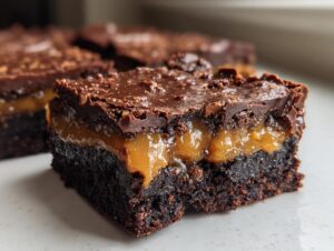 A close-up shot showing the three layers of a millionaire brownies slice: dark chocolate base, gooey caramel center, and chocolate topping.