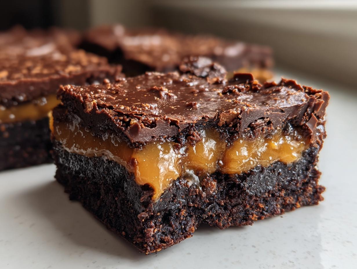 A close-up shot showing the three layers of a millionaire brownies slice: dark chocolate base, gooey caramel center, and chocolate topping.