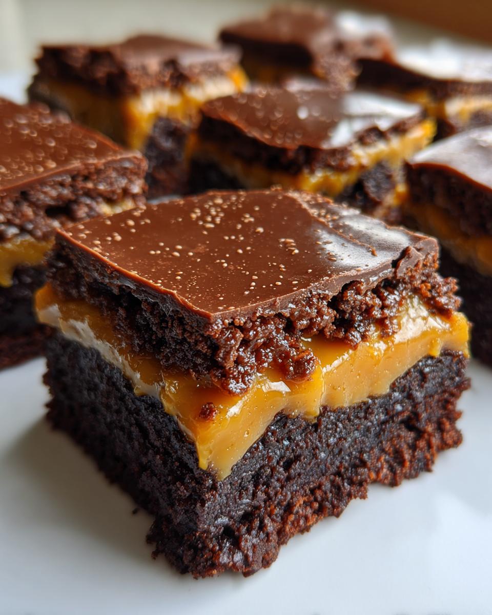 Close-up of a square slice of millionaire brownies showing three distinct layers: dark chocolate brownie base, thick caramel, and chocolate topping.