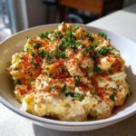 A close-up of creamy deviled egg potato salad topped generously with bright red paprika and fresh parsley.