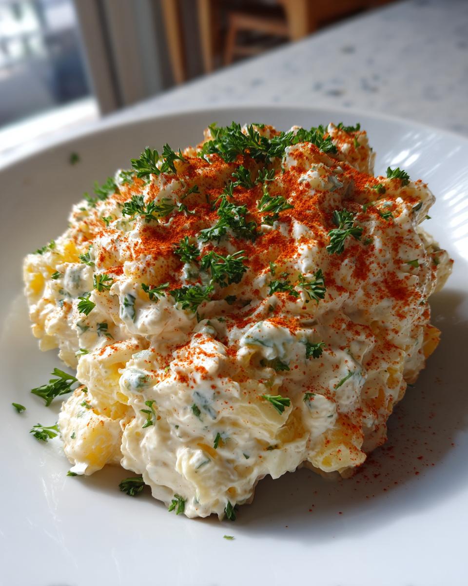 A generous scoop of creamy deviled egg potato salad topped with bright red paprika and fresh parsley.