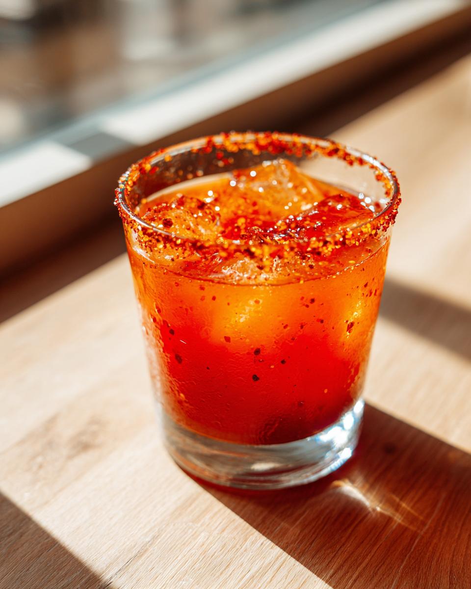 Close-up of a vibrant red Devils Margarita cocktail served over ice with a heavily spiced chili salt rim.