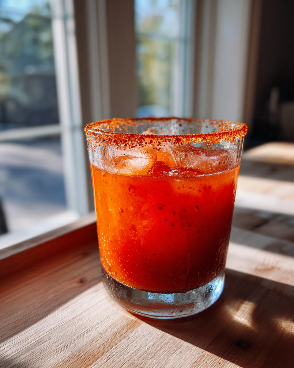 A vibrant red Devils Margarita cocktail served over ice in a rocks glass with a chili-lime salt rim.