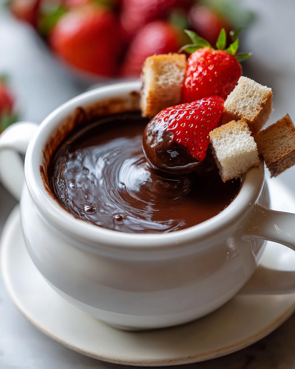 A strawberry being dipped into a white mug filled with rich chocolate fondue, surrounded by bread cubes.