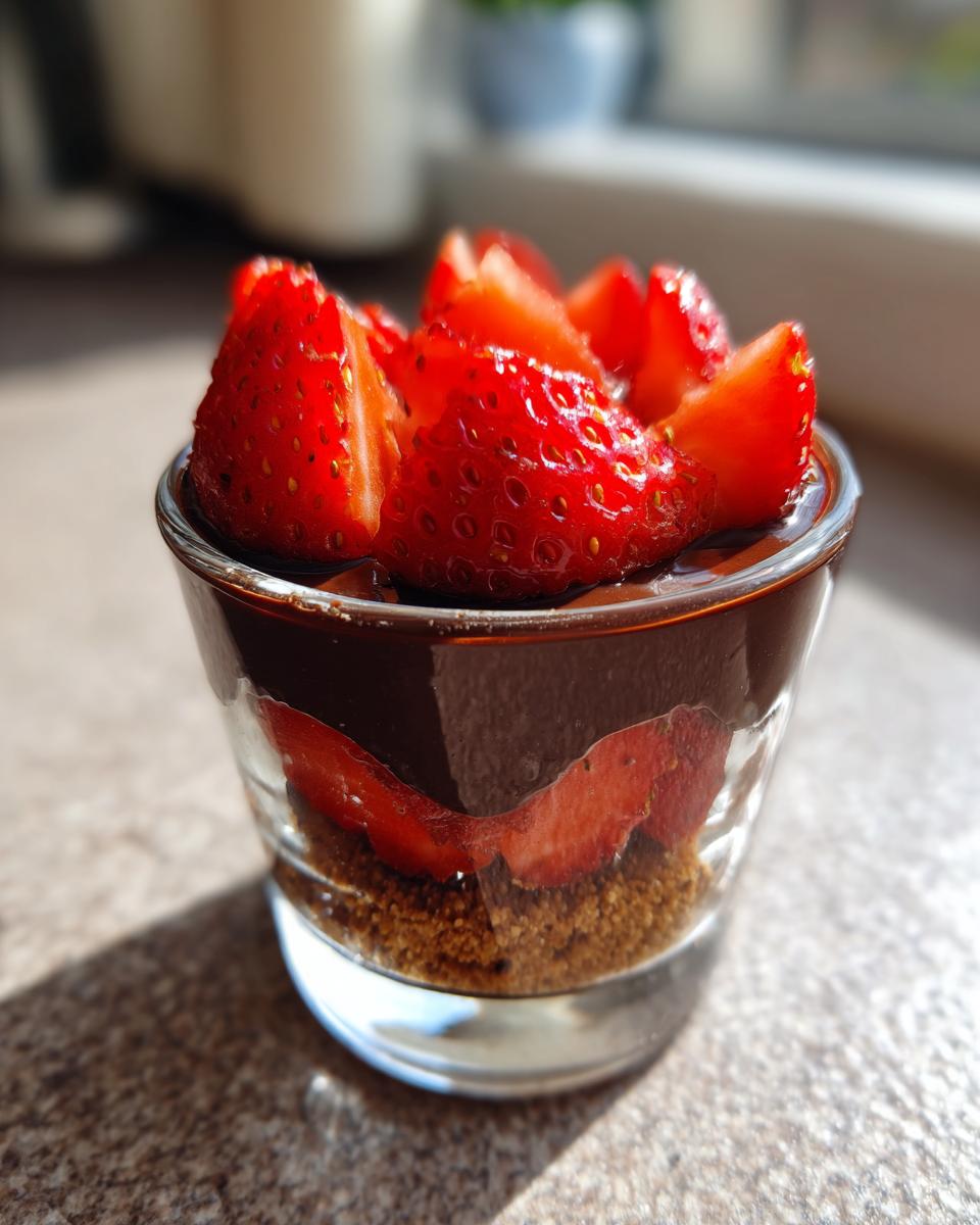 A layered dubai chocolate strawberry cup dessert featuring a crumb base, chocolate ganache, and fresh sliced strawberries on top.