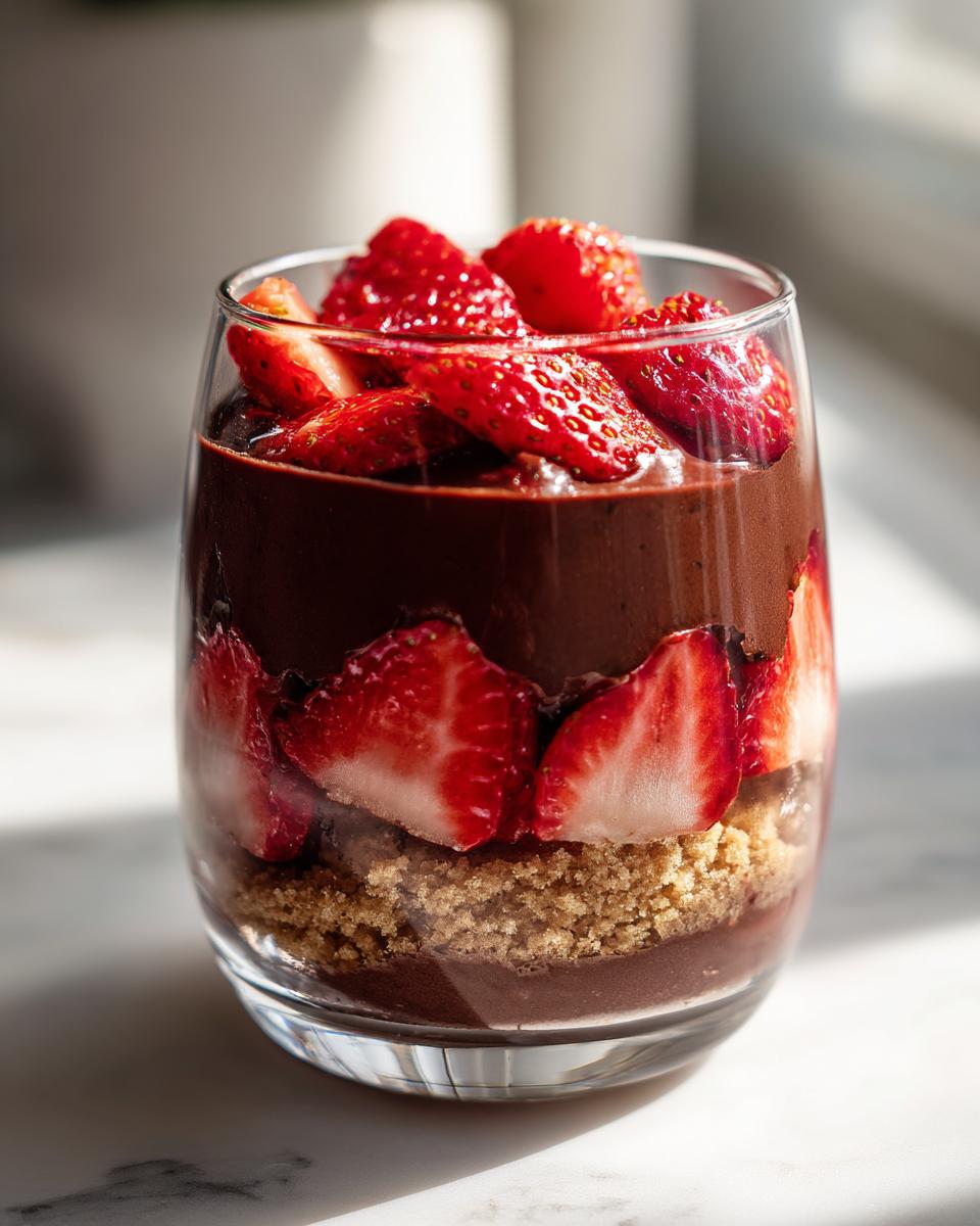 Close-up of a layered dubai chocolate strawberry cup dessert featuring chocolate mousse, sliced strawberries, and a crumb base.