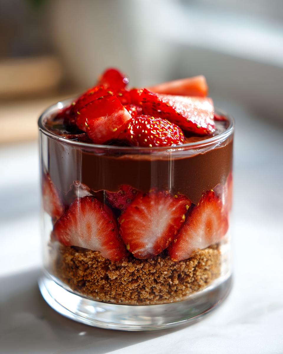 A layered dubai chocolate strawberry cup featuring a crumb base, sliced strawberries, and rich chocolate mousse.
