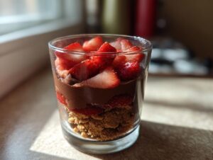 A layered dubai chocolate strawberry cup dessert in a glass featuring a crumb base, chocolate filling, and fresh sliced strawberries on top.