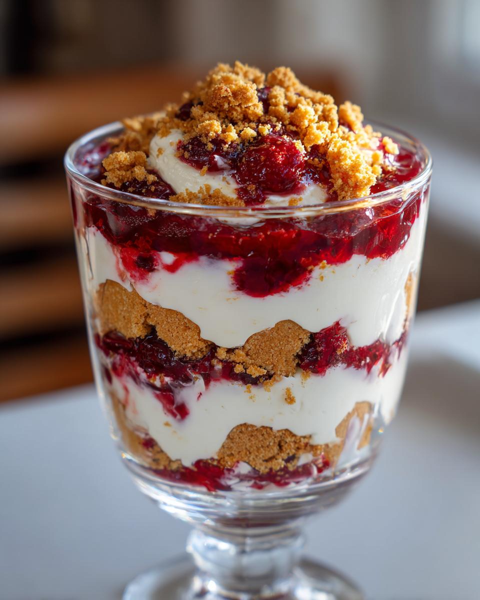 Close-up of an easy cherry cheesecake trifle layered with cream cheese mixture, cherry topping, and graham cracker crumbs in a stemmed glass.