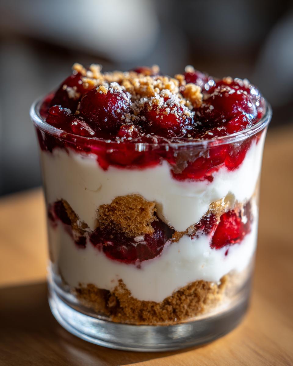 A layered easy cherry cheesecake trifle in a clear glass showing cream cheese filling, graham cracker crumbs, and bright red cherry topping.
