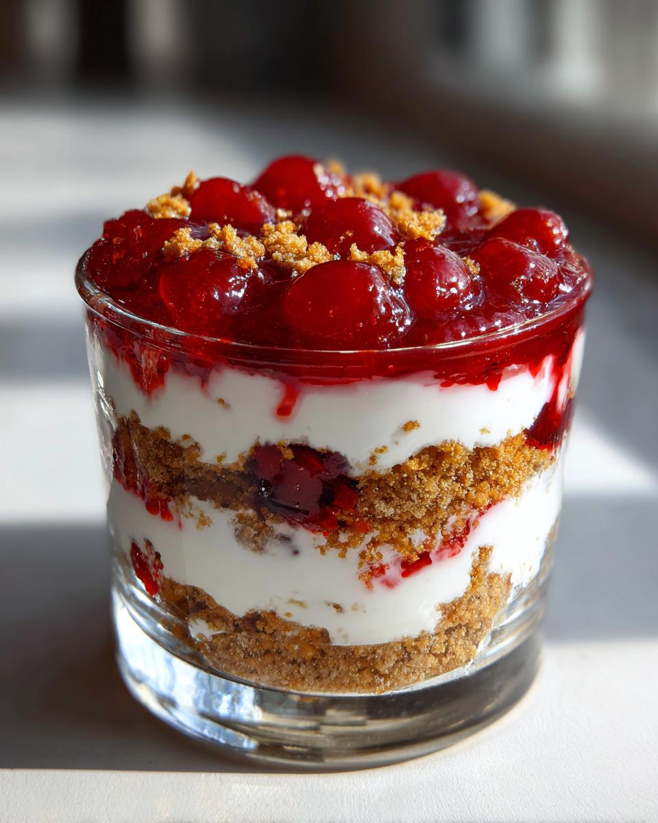 A layered easy cherry cheesecake trifle served in a clear glass, featuring graham cracker crust, creamy filling, and cherry topping.
