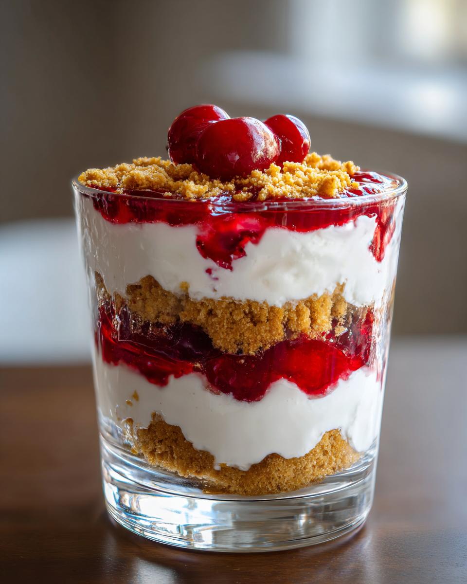 Close-up of an easy cherry cheesecake trifle layered with graham cracker crumbs, cream cheese filling, and cherry topping, garnished with fresh cherries.