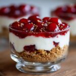 A delicious single serving of easy cherry cheesecake trifle layered with graham cracker crust, cream cheese filling, and topped with bright red cherries.