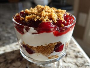 Close-up of an easy cherry cheesecake trifle layered with cream cheese, graham cracker crust, and cherry topping in a glass.