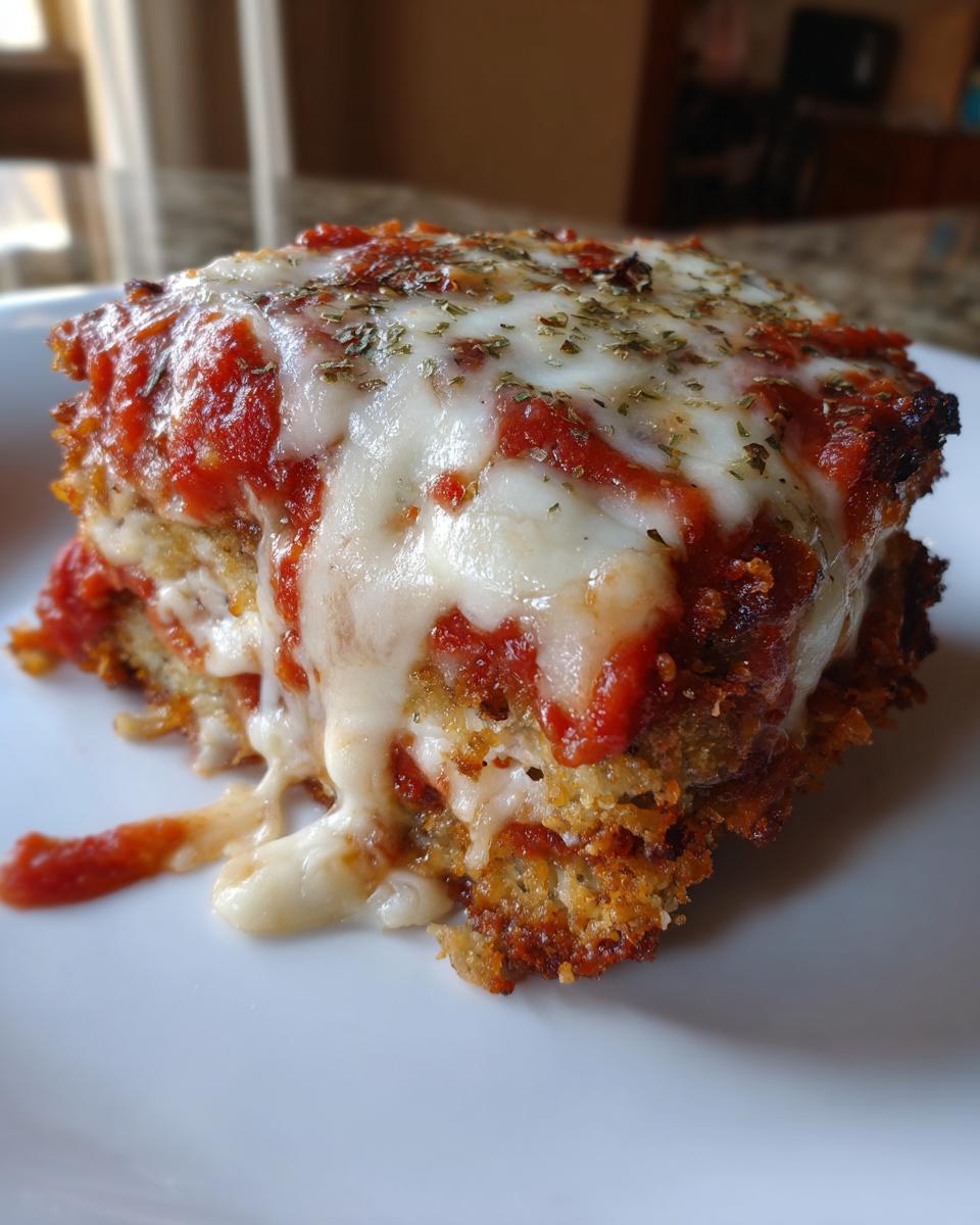 A close-up of a serving of amazing eggplant parmesan with gooey melted mozzarella cheese and tomato sauce.