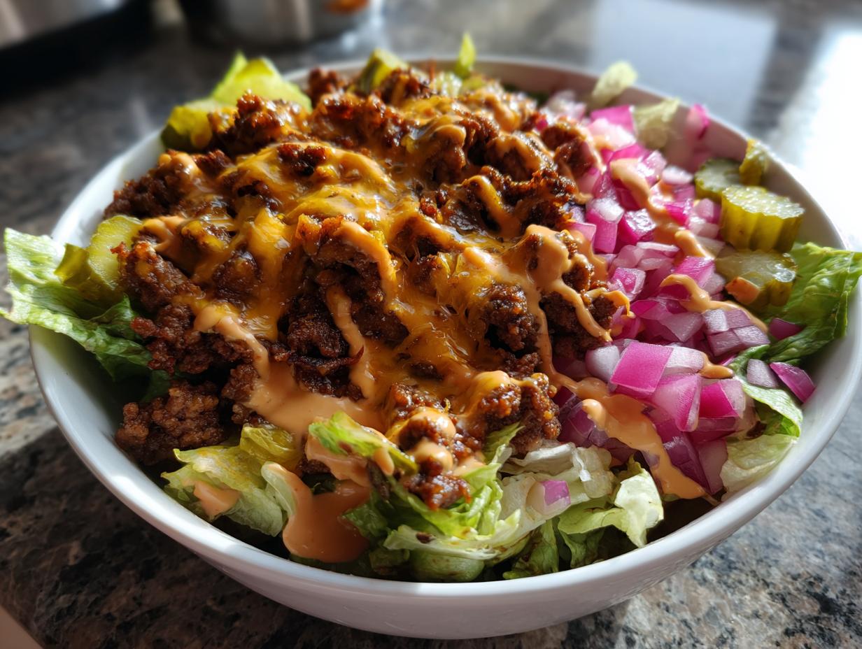 A close-up of a vibrant cheeseburger bowl featuring seasoned ground beef, melted cheese, diced red onion, pickles, and dressing over lettuce.