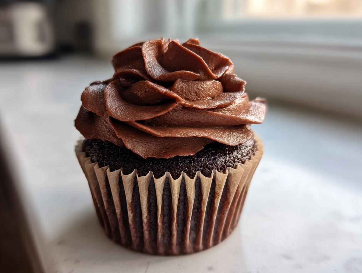A single, rich chocolate cupcake topped with a generous swirl of dark chocolate frosting, sitting on a white counter.