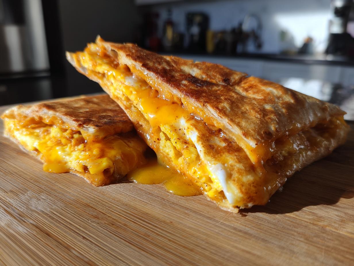 Two halves of a golden-brown fried egg quesadilla showing melted cheese and scrambled egg filling, resting on a wooden cutting board.