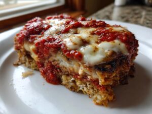 Close-up of a thick, cheesy slice of eggplant parmesan topped with rich marinara sauce.