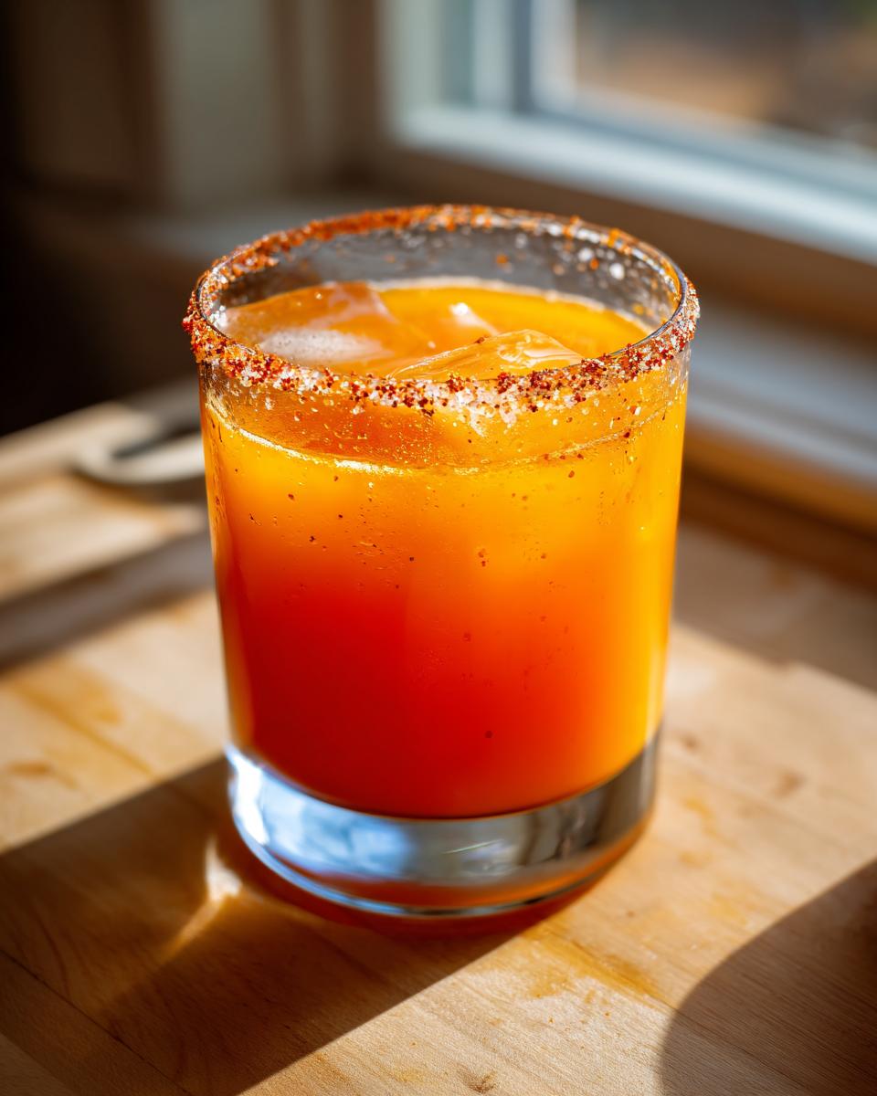 Close-up of a bright orange firecracker margarita in a glass with a spicy chili salt rim.