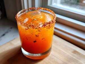 A vibrant orange firecracker margarita served in a rocks glass with a spicy chili salt rim and ice.