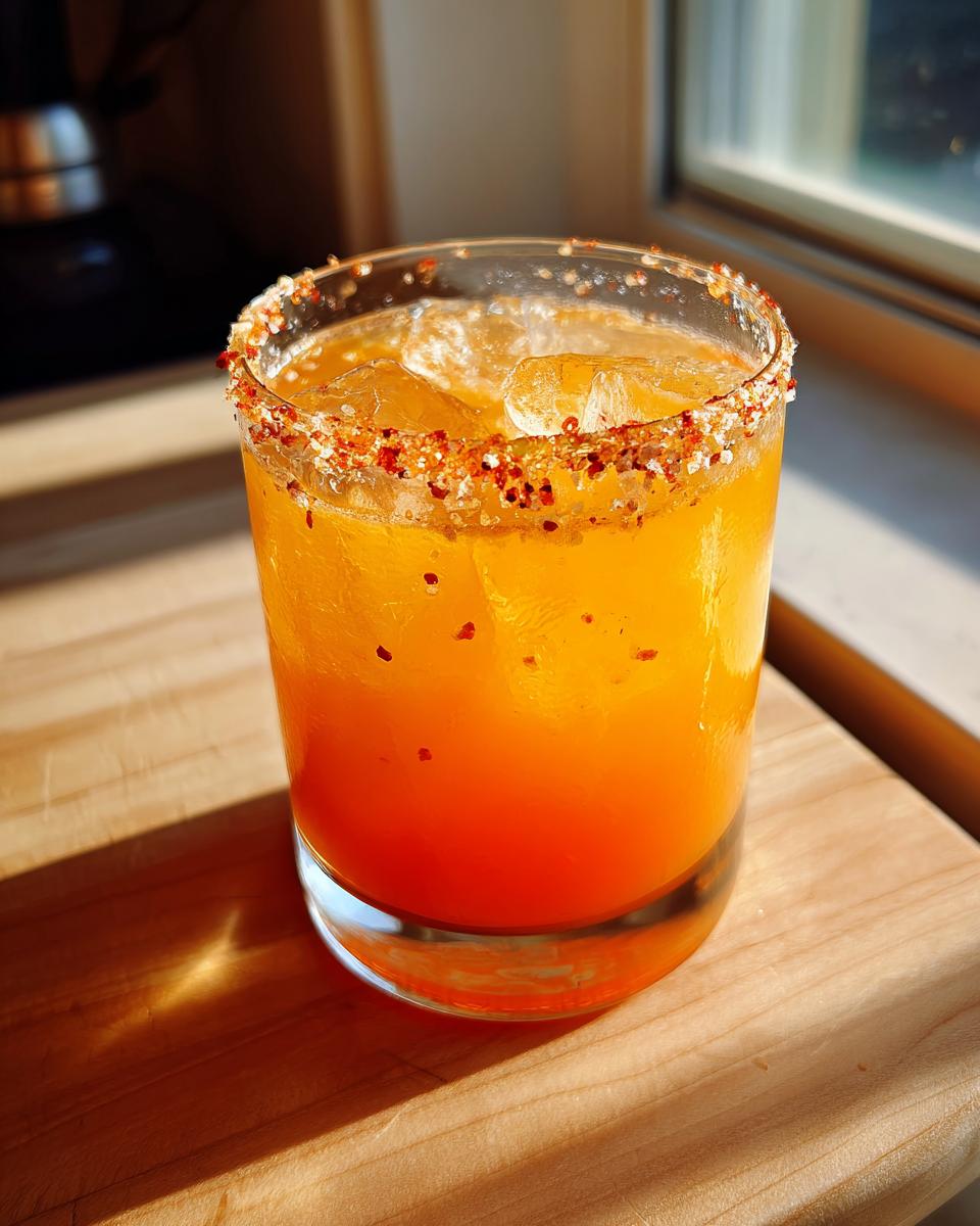 A vibrant orange firecracker margarita served over ice in a rocks glass with a spicy chili salt rim.