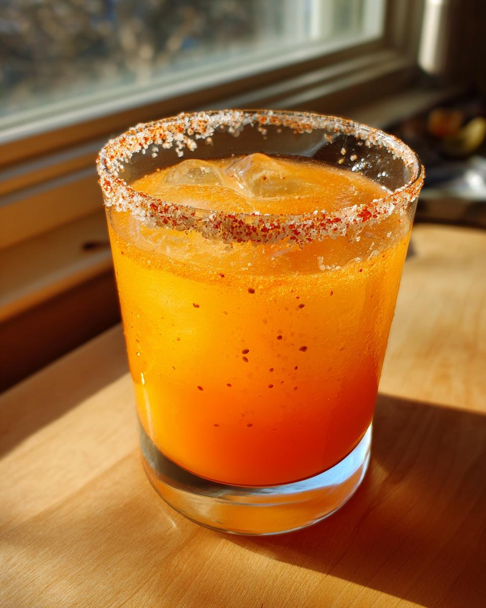 Close-up of a bright orange firecracker margarita in a rocks glass with a spicy chili salt rim, sitting on a wooden surface.