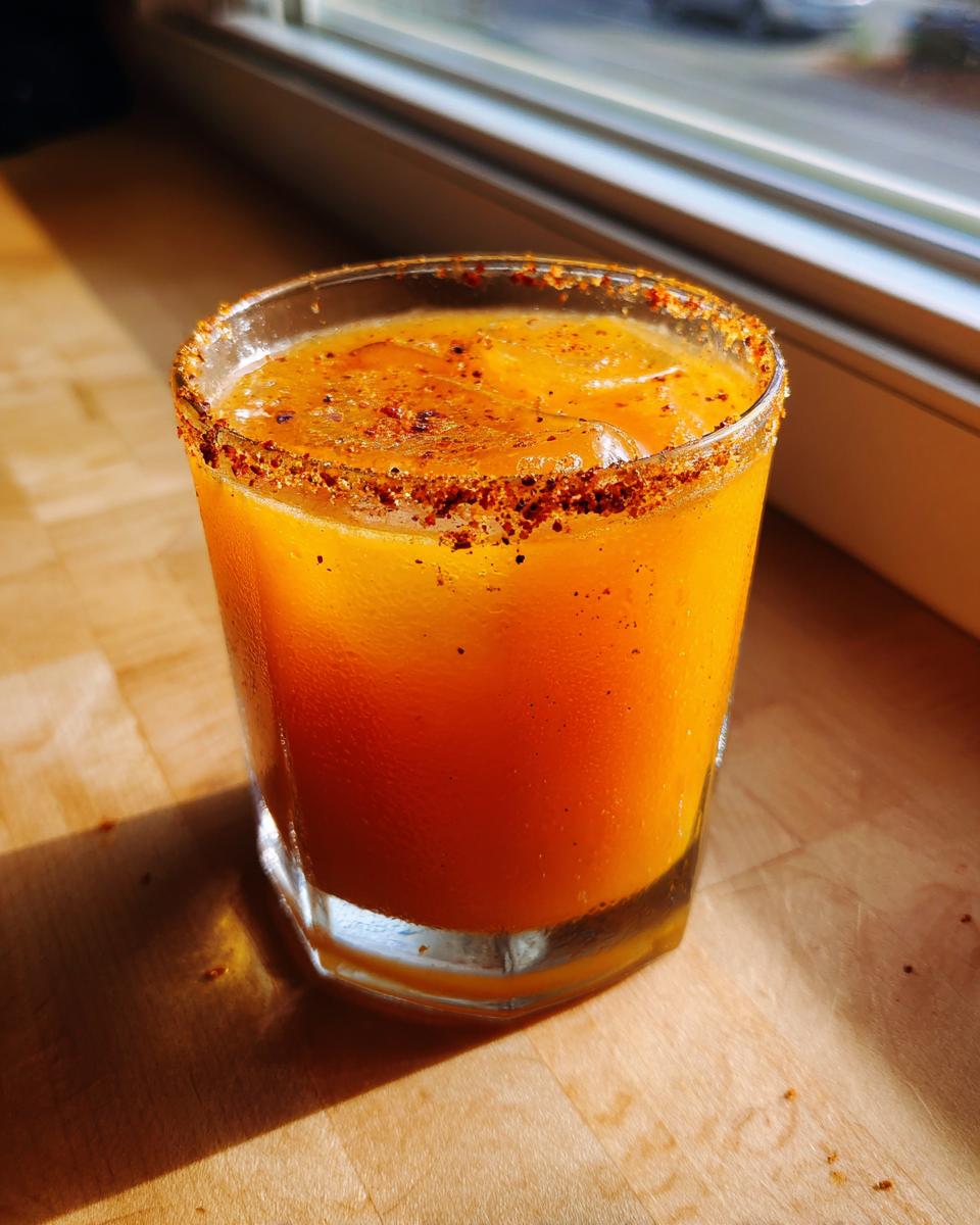Close-up of a vibrant orange firecracker margarita in a glass with a heavily spiced rim, sitting on a wooden surface.