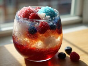 A vibrant, layered firecracker punch served in a glass, topped with red and blue shaved ice and fresh berries.