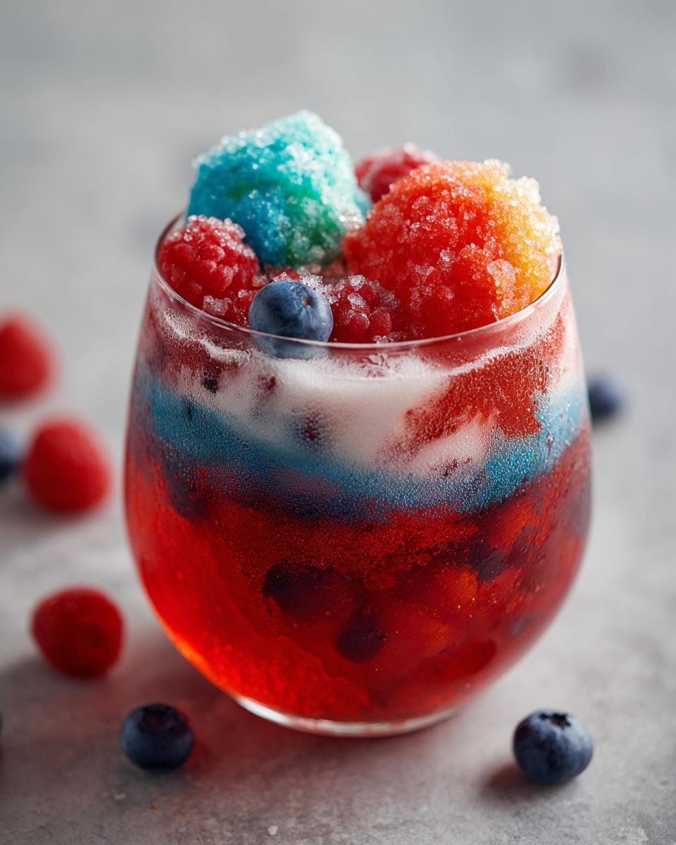 Close-up of a glass filled with layered red, white, and blue firecracker punch, topped with colorful shaved ice and fresh berries.