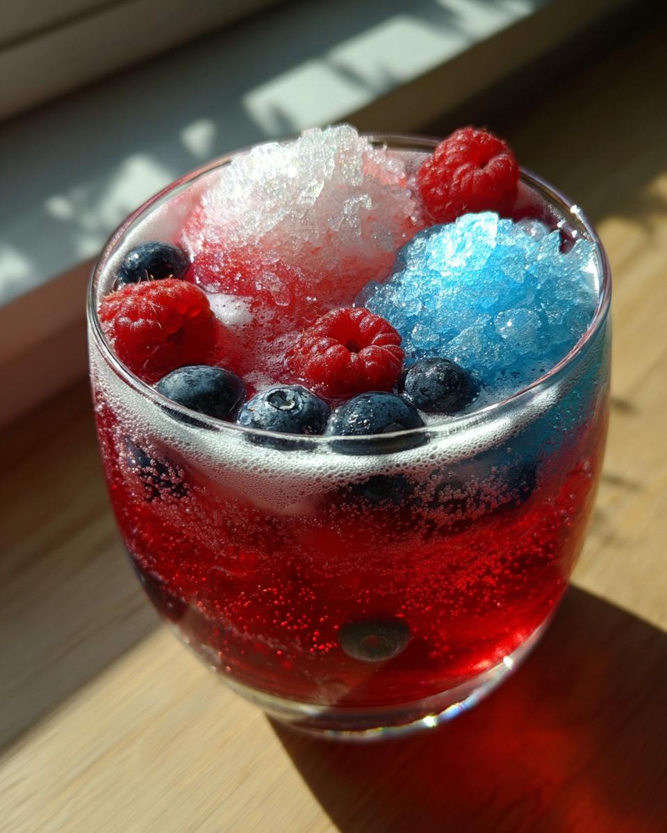 A glass filled with vibrant red liquid, topped with red, white, and blue shaved ice, garnished with fresh raspberries and blueberries for a festive firecracker punch.