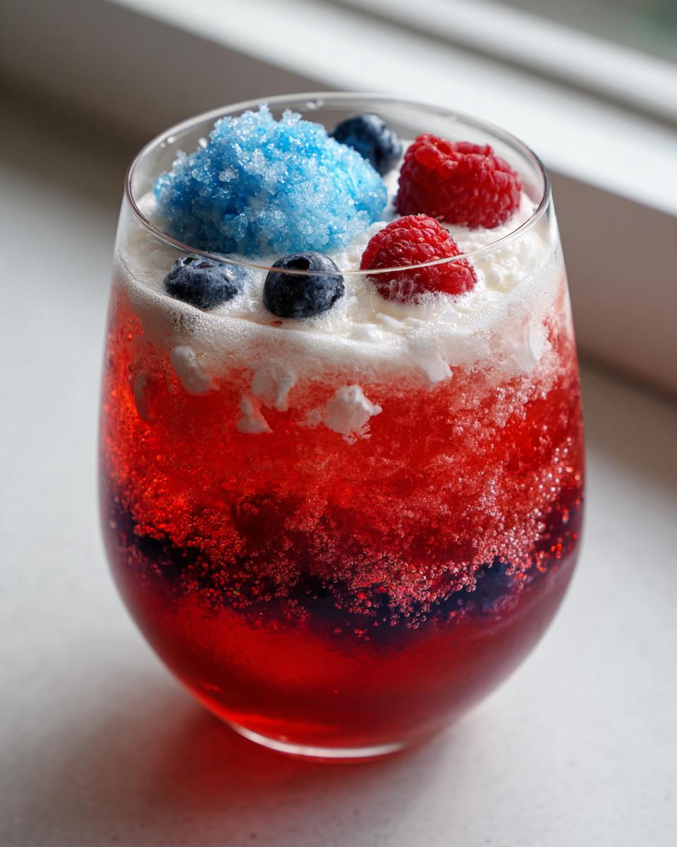 Close-up of a glass of firecracker punch showing red liquid, white foam, blue shaved ice, blueberries, and raspberries.
