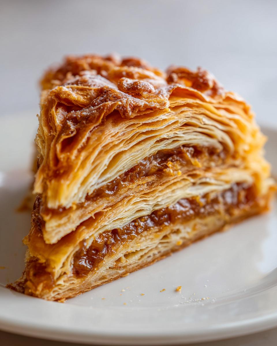 Close-up of a flaky, layered slice of carmelitas dessert with a gooey caramel filling, dusted with powdered sugar.