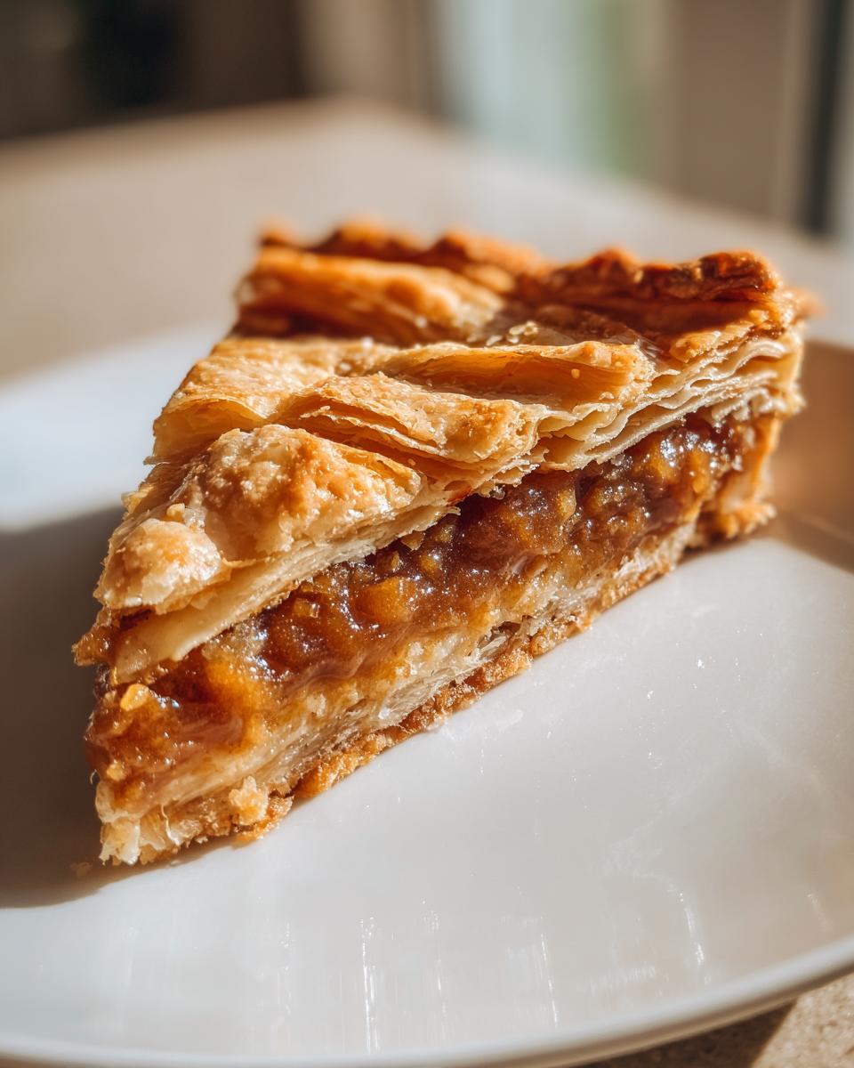 A close-up of a flaky, layered slice of carmelitas dessert on a white plate, showing the gooey caramel filling.