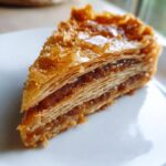 Close-up of a flaky, layered slice of carmelitas with gooey caramel filling.
