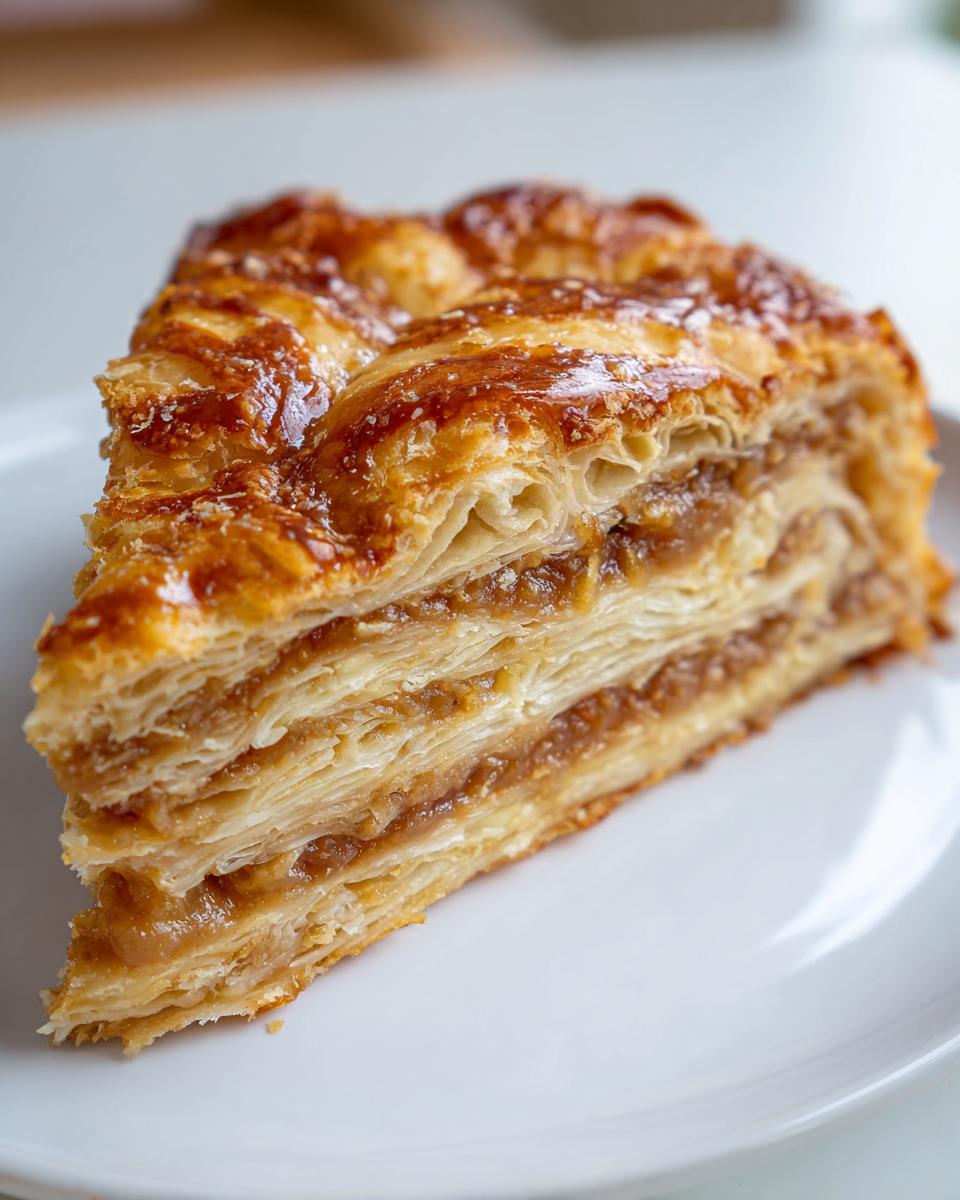 Close-up of a layered slice of carmelitas showing flaky pastry and gooey caramel filling.