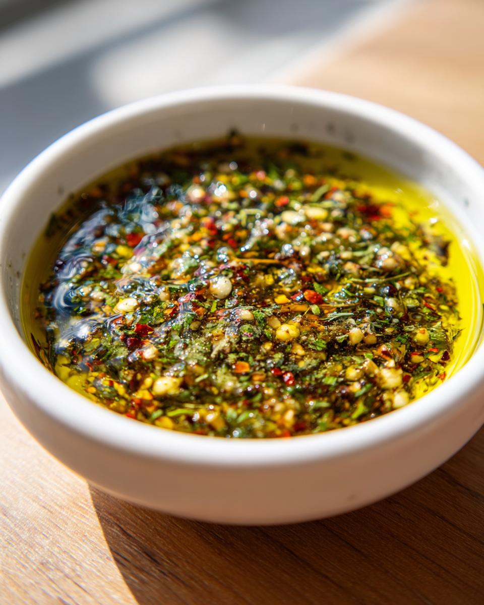 Close-up of a white bowl filled with vibrant olive oil bread dip, featuring herbs, garlic, and red pepper flakes.