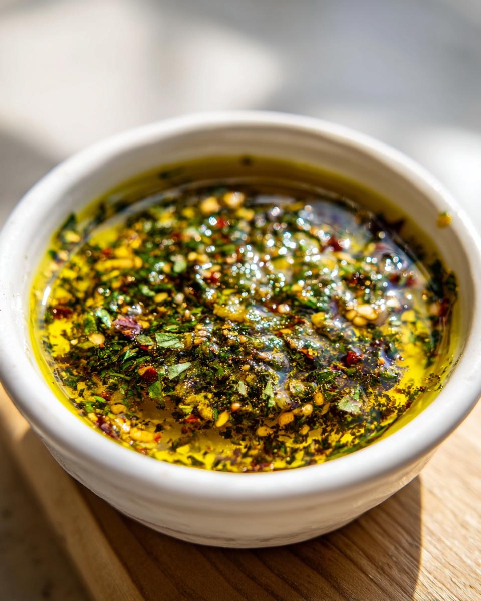 Close-up of a white bowl filled with vibrant olive oil bread dip, featuring herbs and red pepper flakes.